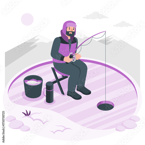 Flat Design Ice Fishing Scene with Cabin and Snowy Landscape

