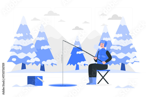 Ice Fishing Illustration: Serene Winter Angler on Frozen Lake

