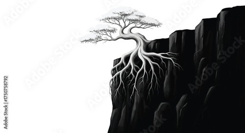Resilient Tree with Exposed Roots Clinging to a Cliff Edge - Black and White Art