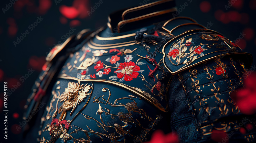 Fototapeta premium Ornate dark teal samurai armor featuring intricate gold outlines, delicate red and white floral embroidery, and textured patterns, beautifully displayed with shallow depth of field and soft red bokeh