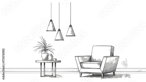 Minimal interior sketch with modern armchair coffee table houseplant and pendant lamps in stylish living room
