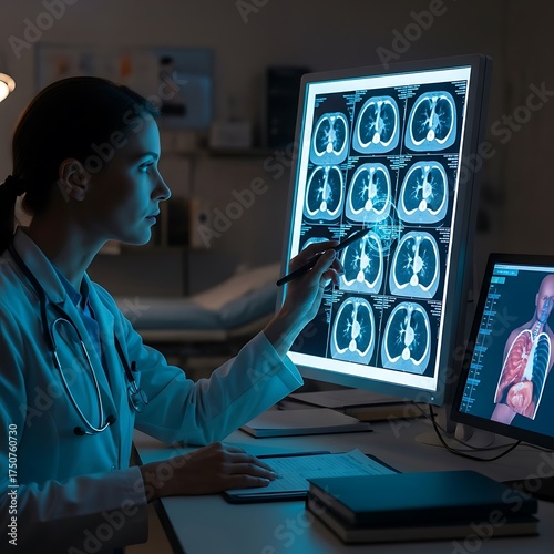 Doctor Analyzing Lung Scans in Dark Room.