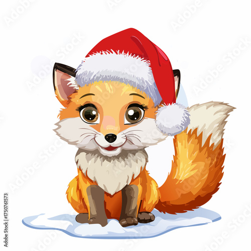 Ein flauschiges Fuchsbaby mit roter Weihnachtsmütze sitzt im glitzernden Schnee