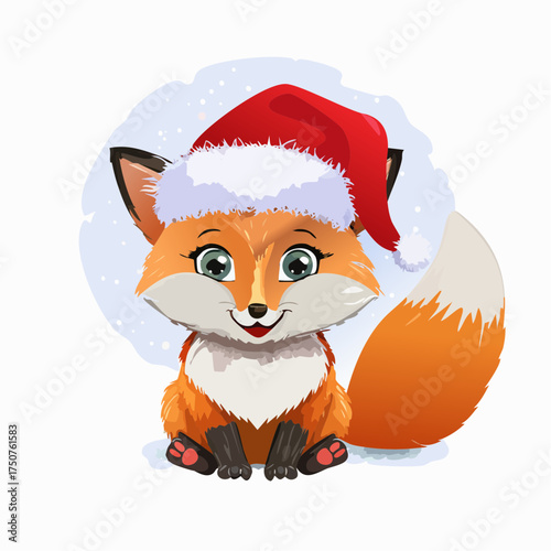 Ein flauschiges Fuchsbaby mit roter Weihnachtsmütze sitzt im glitzernden Schnee