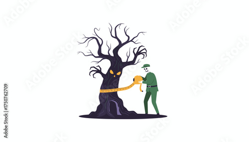 Skeleton forester measures a spooky gnarled tree with glowing eyes Whimsical Halloween concept