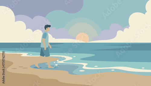 Man enjoys a calming beach walk at sunset Leisure travel and tranquility by the sea