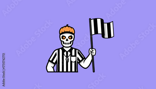 Halloween skeleton referee with pumpkin hat and flag for sports games and holiday events