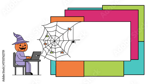 Halloween pumpkin character working on laptop with spiderweb and colorful text frame