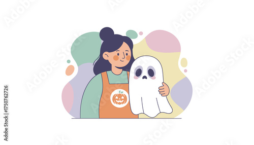 Young woman in pumpkin apron hugs a cute ghost Halloween holiday celebration