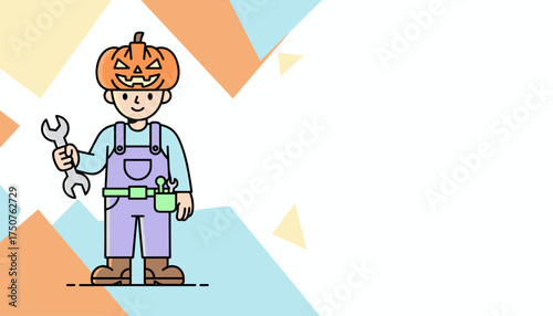 Festive worker in a Halloween pumpkin hat holding a wrench for seasonal repairs and service
