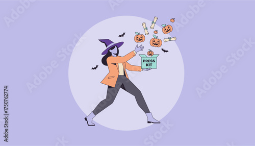 Woman in witch hat releasing Halloween press kit for seasonal marketing and promotions