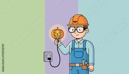 Cartoon electrician with Halloween pumpkin light bulb plugged into outlet for festive power