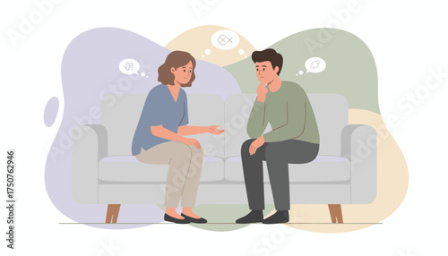 Man shares worries with a supportive woman on a couch concept of therapy counseling or discussion