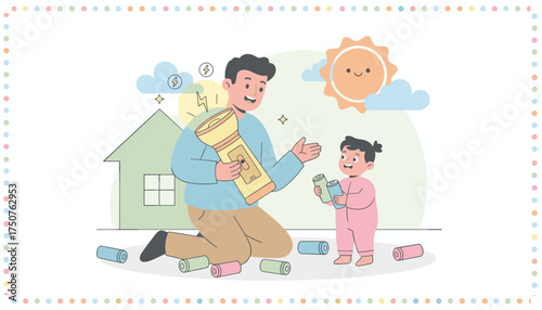 Father and child learn about batteries and flashlights at home Education family safety energy concept