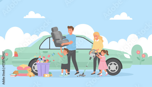 Happy family cleaning their car together removing seats and vacuuming Home car maintenance