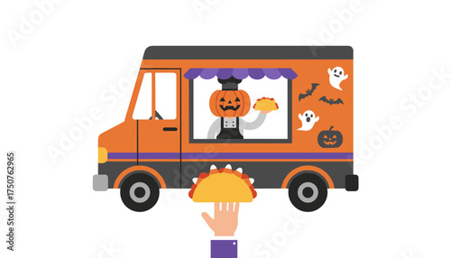 Halloween food truck with pumpkin chef serving tacos Spooky street food event concept