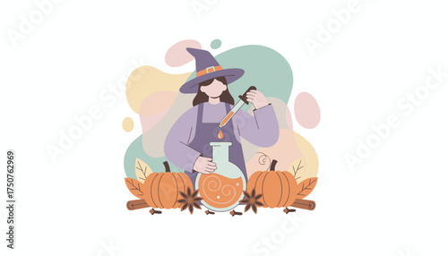 Witch brewing autumn potion with pumpkins and spices Perfect for Halloween or fall concepts