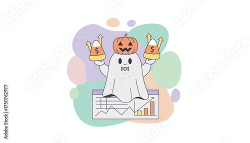 Halloween ghost with pumpkin head shows business growth with rising candy corn investments and charts