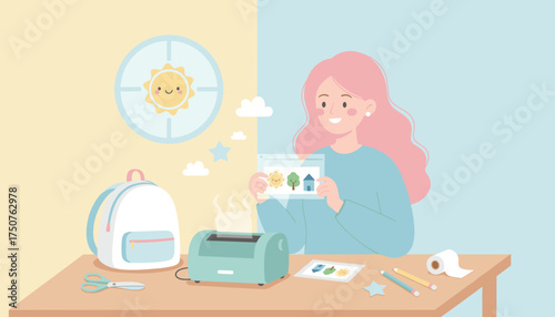Happy woman laminating educational cards for school or craft projects at home