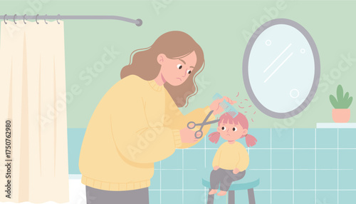 Mother giving her child a homemade haircut in the bathroom Parenting family home life