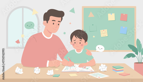 Father helps frustrated son with homework Learning challenges family support education concept