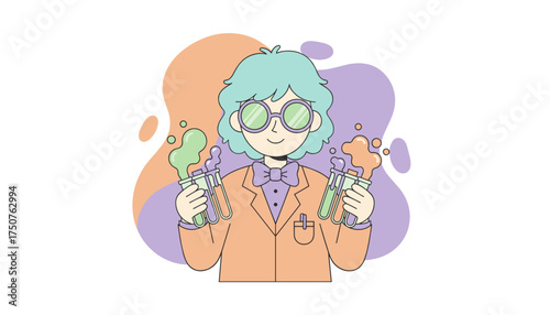 Cartoon scientist with bubbling test tubes Represents scientific discovery education and chemistry