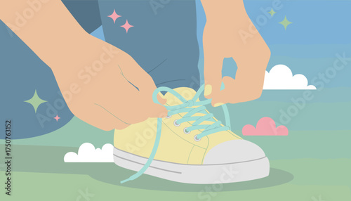 Hands tie shoelaces on a yellow sneaker in a playful outdoor setting Getting ready for adventure