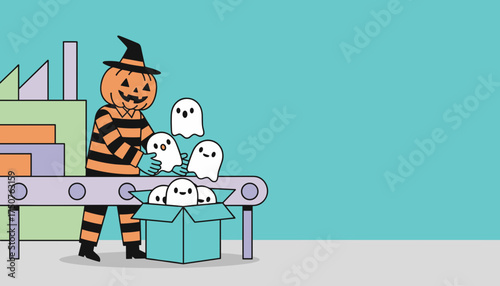 Pumpkin character operating a conveyor belt packaging cute ghosts for Halloween festivities