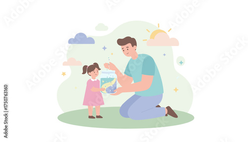 Father and daughter share a magical moment creating dreams in a jar Childhood wonder and family bonding