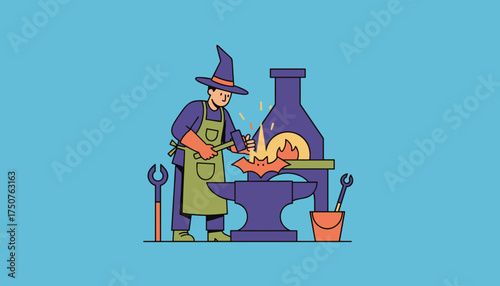 Blacksmith witch forging a bat decoration with a hammer and anvil for Halloween