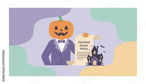 Pumpkinheaded character with Haunted House Policy and spooky house illustration for Halloween