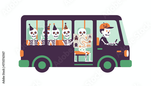 Spooky skeletons on a Halloween bus trip with a map ready for adventure