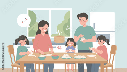 Happy family parents three children making traditional dumplings together in a home kitchen