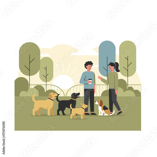 Couple socializing with their happy dogs in a sunny park Pet care daily life relaxation friendship