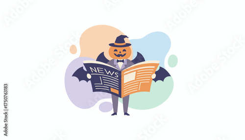 Halloween pumpkin character in a suit reading news perfect for seasonal business updates