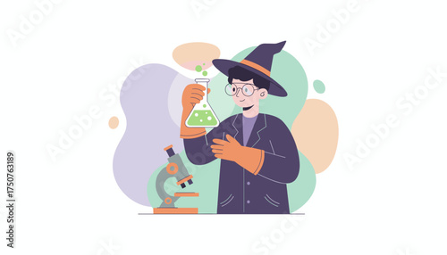Curious scientist in a witch hat and lab coat holds a bubbling flask exploring science