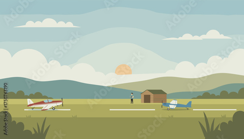 Pilot with small propeller planes at a rural airfield during sunset Aviation travel hobby leisure