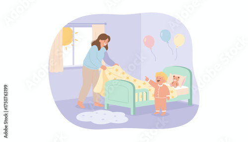 Caring mother makes bed for happy toddler in sunny bedroom depicting family life