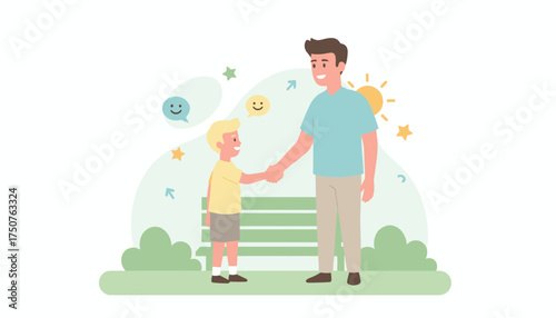 Happy man and boy shaking hands in a park symbolizing agreement trust and friendship