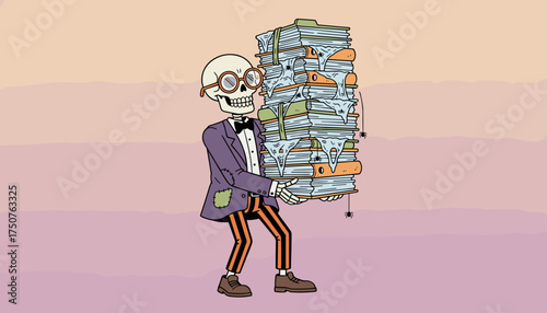Skeleton in suit carries towering stack of decaying old files concept of overload or bureaucracy