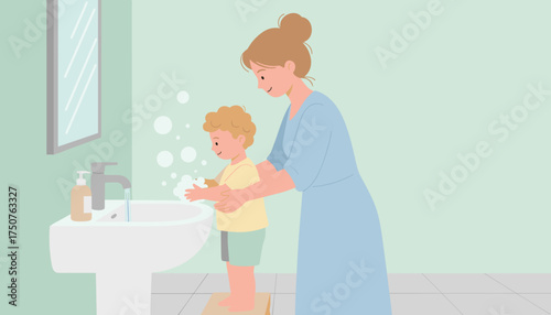 Mother teaching son proper hand washing in bathroom Family hygiene child care health habits