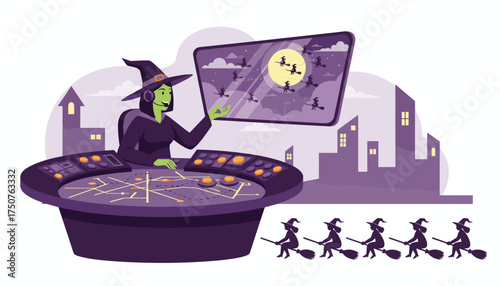 Witch operates magical air traffic control guiding flying witches over city for Halloween night