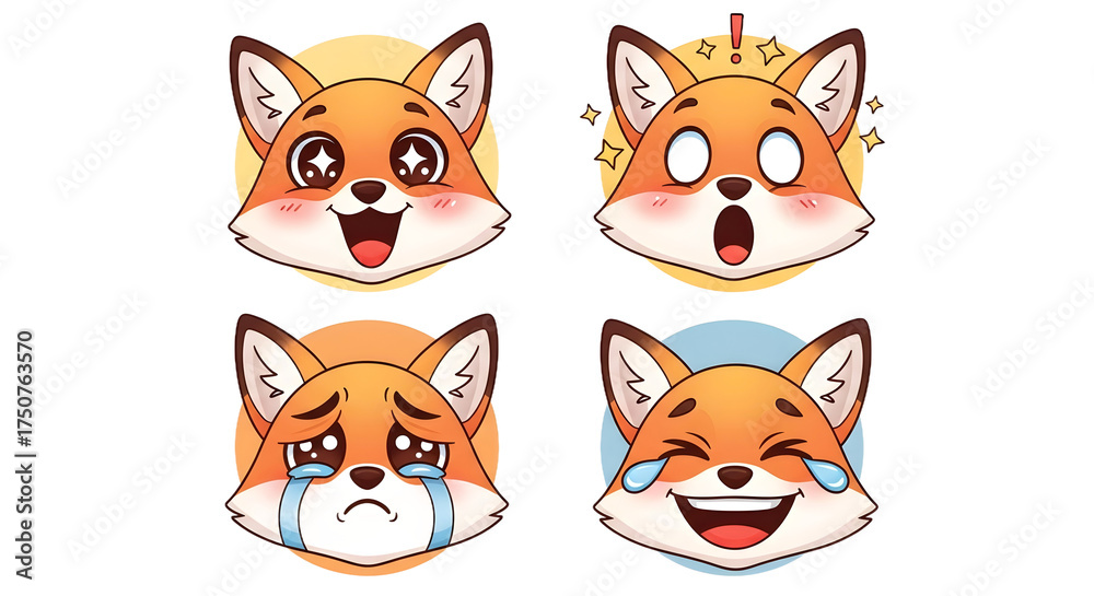 Obraz premium Cute fox mascot icon set featuring various expressive face emojis like happy, surprised, crying, and laughing, ideal for apps, logos, stickers, and digital designs