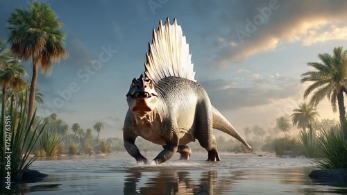 Dimetrodon in the Pristine Wilderness: A majestic Dimetrodon, a primeval creature of the prehistoric world, strides gracefully through a tranquil river, framed by lush palms and an endless sky. 