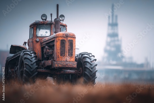 Rusting tractor in a field set against a blurry industrial backdrop showcasing wear and disuse