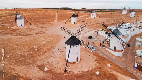 Aerial view of the windmills of Campo de Criptana, Castilla-La Mancha, Spain.