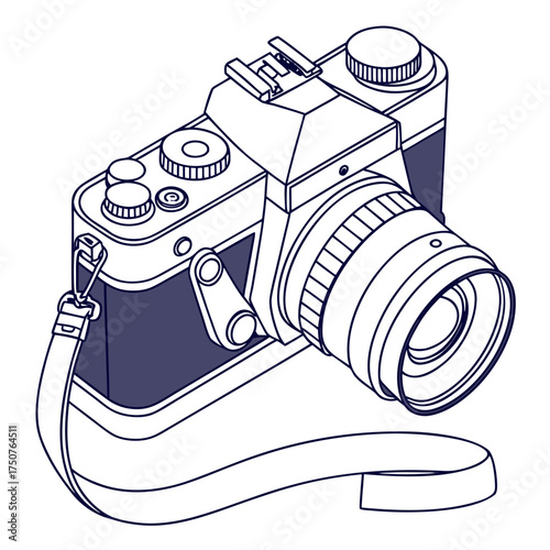 A vintage style analog camera with a lens and strap is depicted in a clean line art illustration with a dark blue fill on a white background