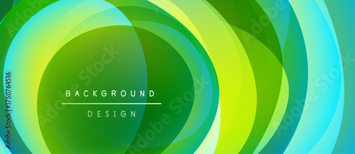 Abstract layers create vibrant green, yellow, blue gradients. Text reads background design centered within circular forms. Modern aesthetic.