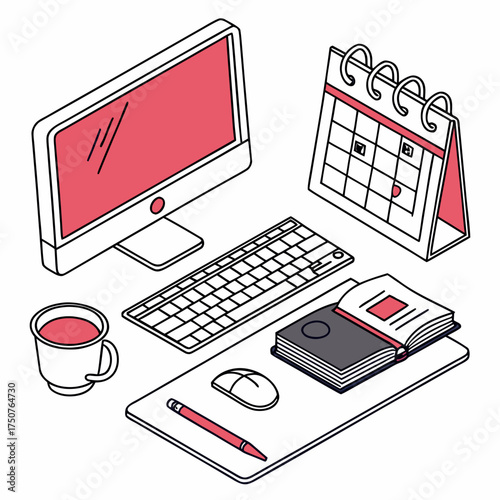 Isometric view of a modern desk setup featuring a computer monitor keyboard mouse a cup of coffee a notebook and a desk calendar ideal for work or study themes