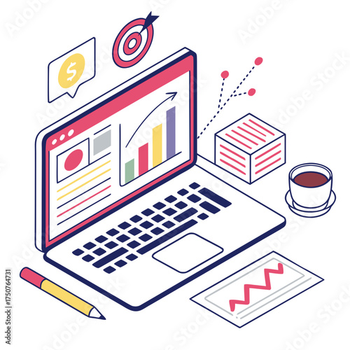 Isometric illustration of a laptop displaying financial charts and graphs alongside a target money symbol stacked papers coffee cup and pencil symbolizing business growth and strategy